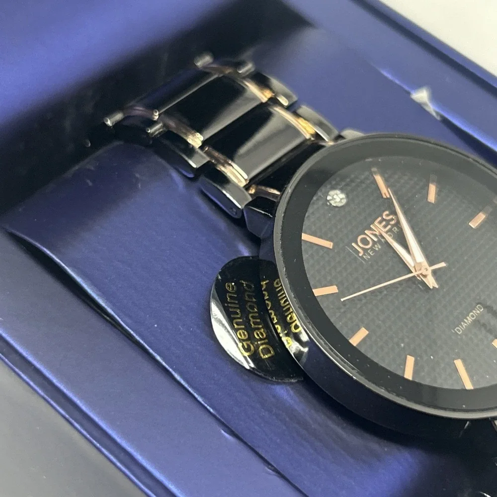 NIB Jones New York Men's Watch Black/Gold Black Face Genuine Diamond